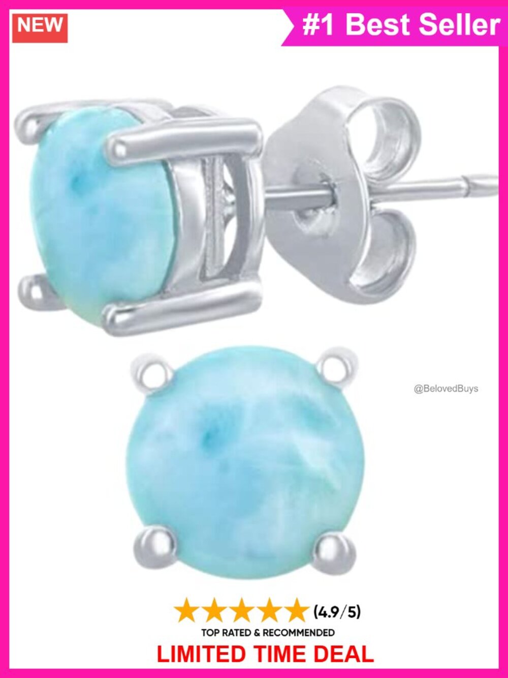 Larimar Stud Earrings 925 Sterling Silver Round Push Back